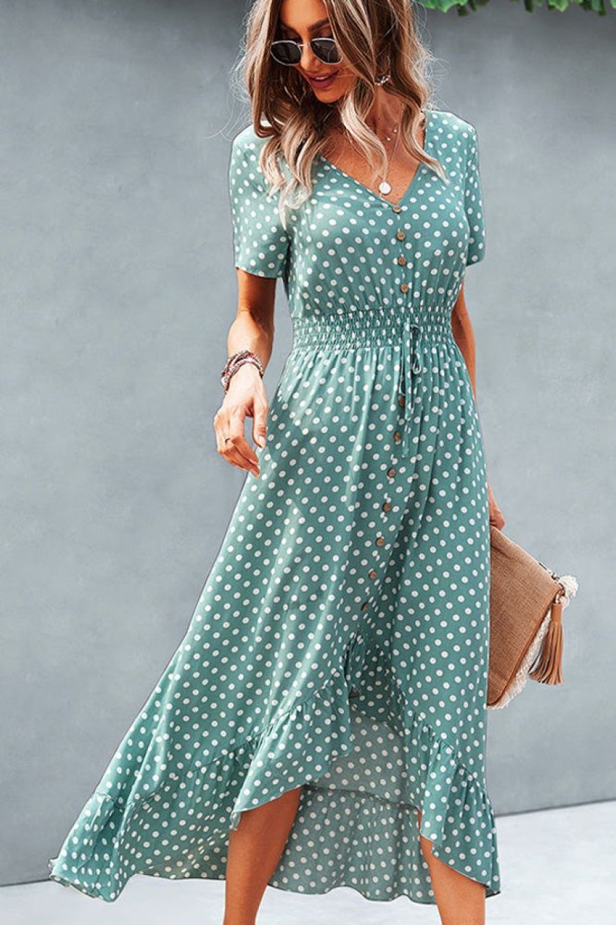 Women Beachsissi Printed Dress | Dots Print High Waist V Neck Casual Dress Lightblue