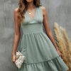 Women Beachsissi Solid Dress | V Neck Solid Color Ruffle Hem Mini Dress Mediumaquamarine