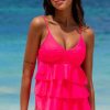 Women Beachsissi Tankini | Layered Ruffle Flower Print Tankini Set Hot Pink