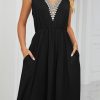 Women Beachsissi Solid Dress | V Neck Patchwork High Waist Solid Color Dress Black