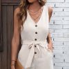 Women Beachsissi | Solid Color V Neck Sleeveless Rompers Seashell