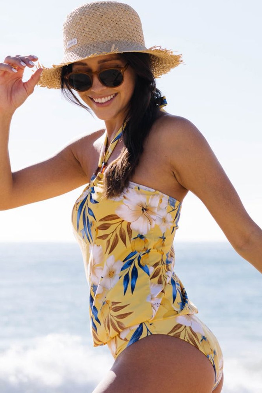 Women Beachsissi Tankini | Halter Neck Floral Print Cute Tankini Set Yellow