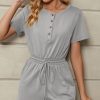 Women Beachsissi | Solid Color Short Sleeve Drawstring Waist Rompers Darkgray