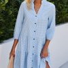 Women Beachsissi Printed Dress | Plaid Print Button Up Split Neck Tunic Dress Lightskyblue