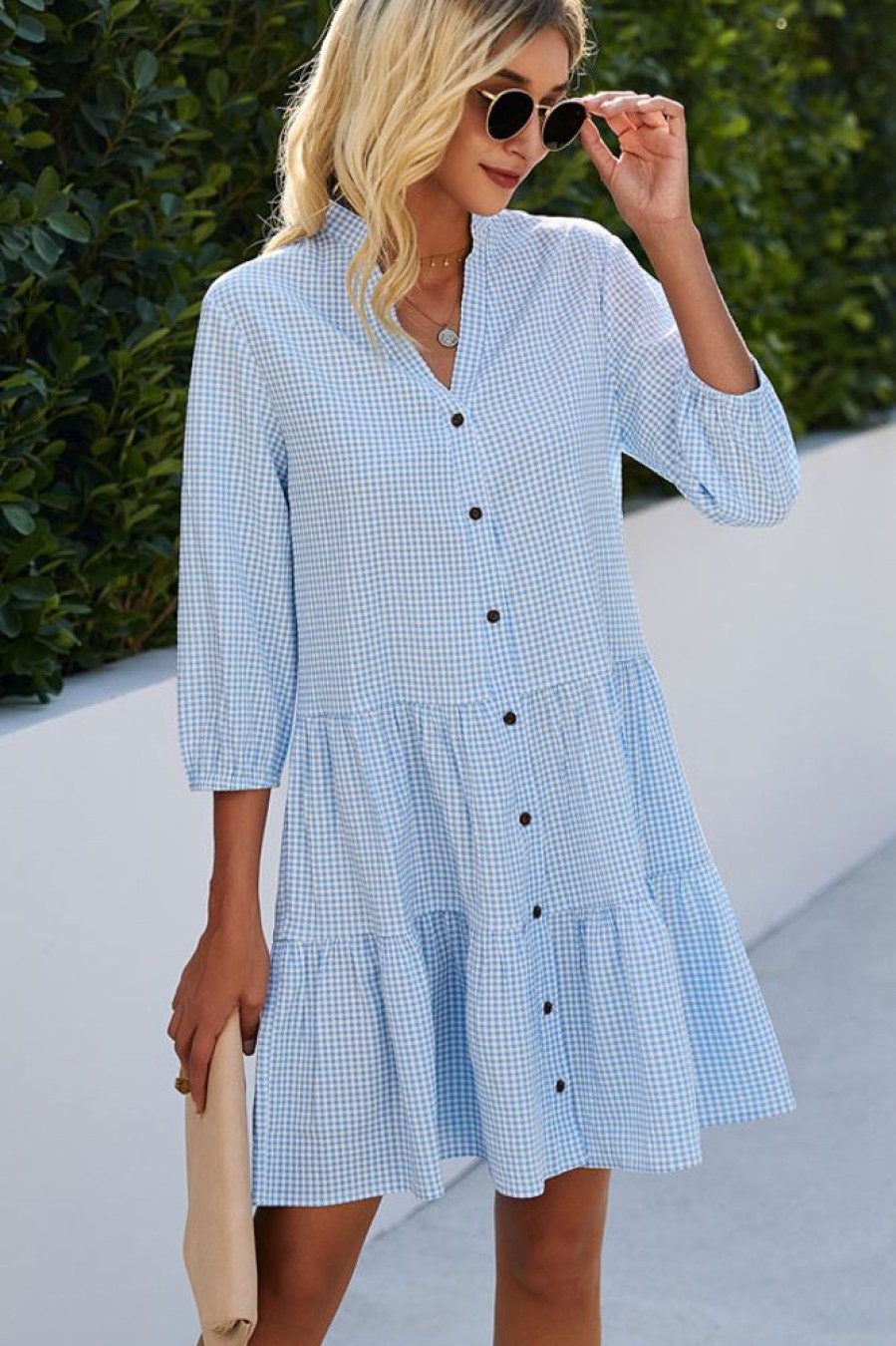 Women Beachsissi Printed Dress | Plaid Print Button Up Split Neck Tunic Dress Lightskyblue