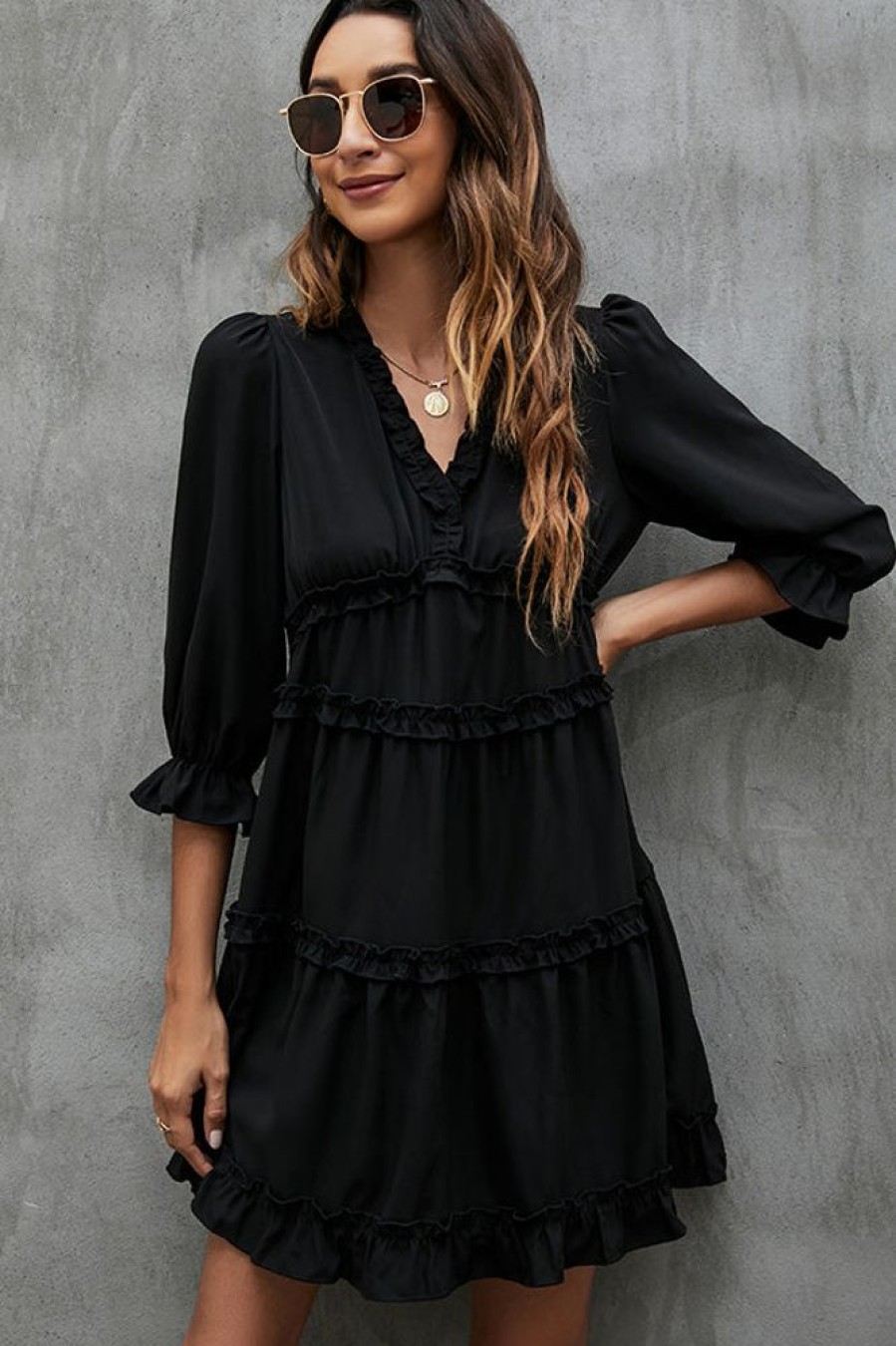 Women Beachsissi Solid Dress | Solid And Ruffled V Neck Mini Dress Black