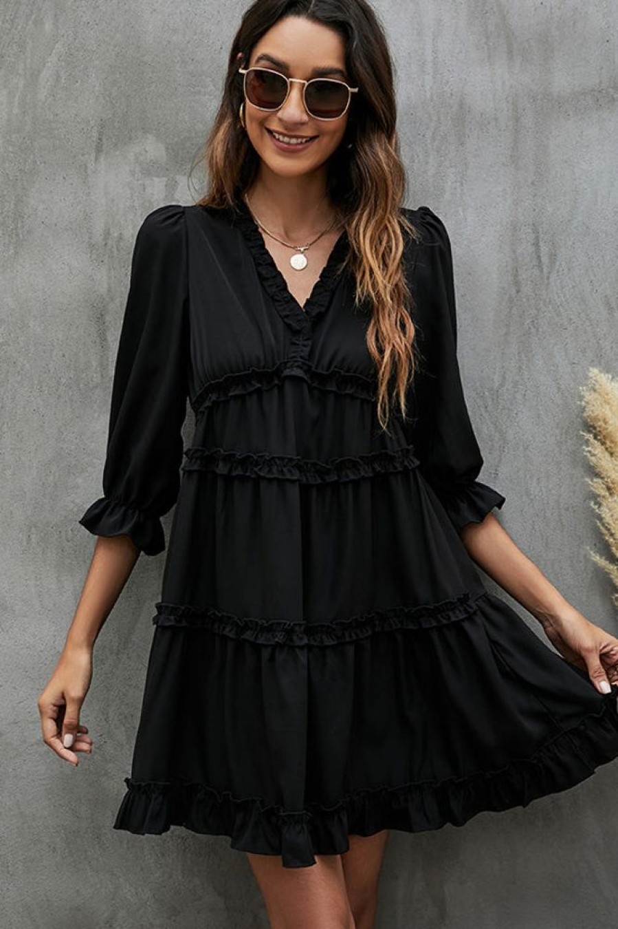 Women Beachsissi Solid Dress | Solid And Ruffled V Neck Mini Dress Black