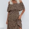 Women Beachsissi Printed Dress | Off The Shoulder Leopard Print Casual Dress Tan