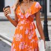 Women Beachsissi Casual Dress | V Neck Floral Print Knot Waist Casual Dress Darkorange