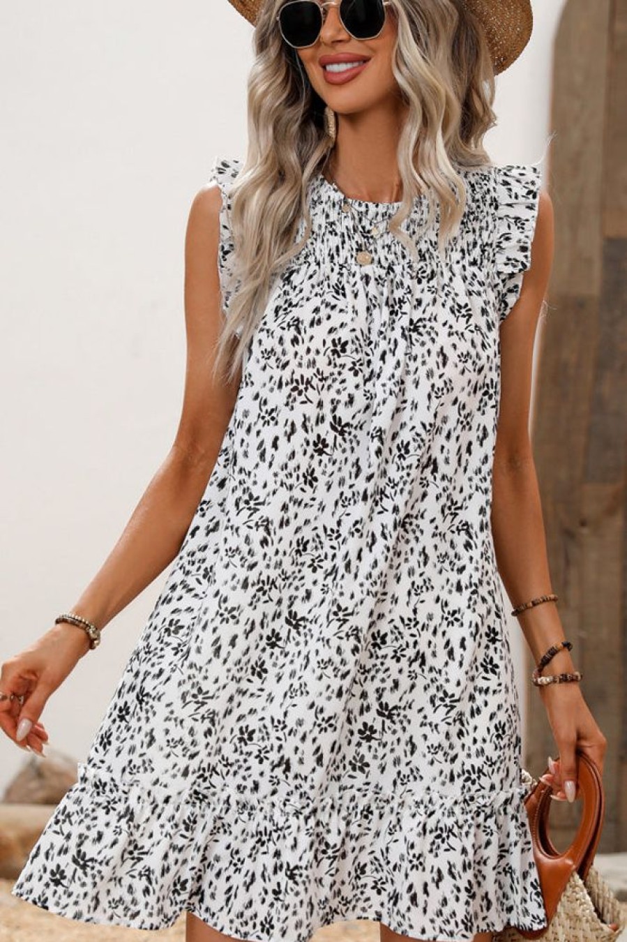 Women Beachsissi Printed Dress | Smocked Neck Ruffle Hem Printed Mini Dress White