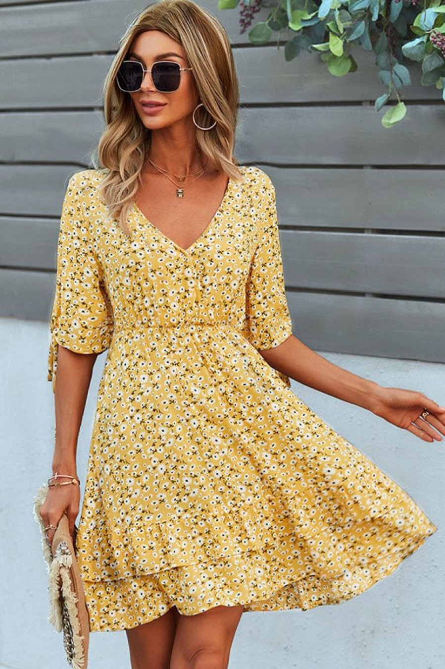 Women Beachsissi Printed Dress | V Neck Floral Print Knot Sleeve Mini Dress Yellow