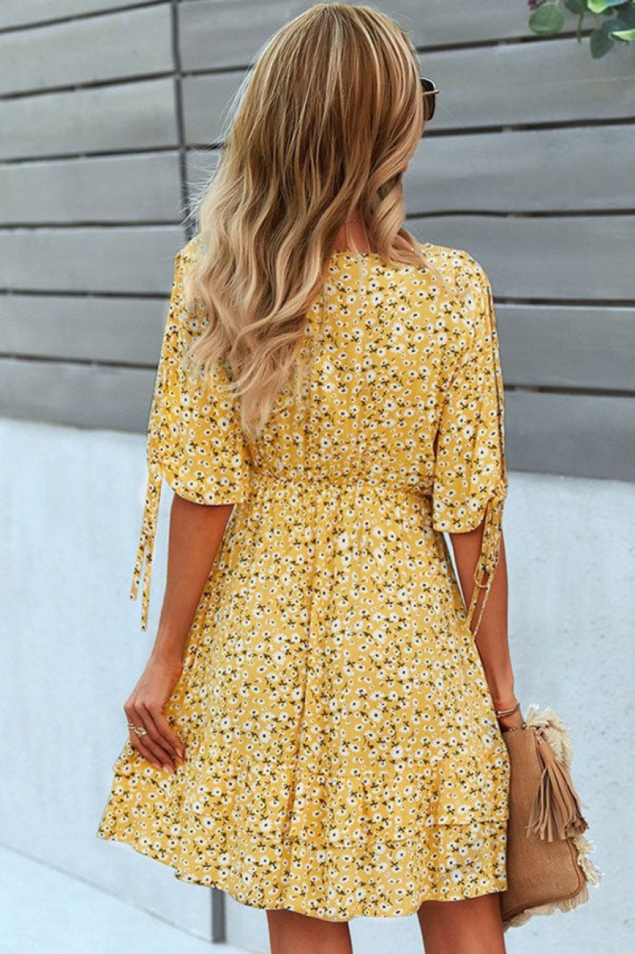 Women Beachsissi Printed Dress | V Neck Floral Print Knot Sleeve Mini Dress Yellow