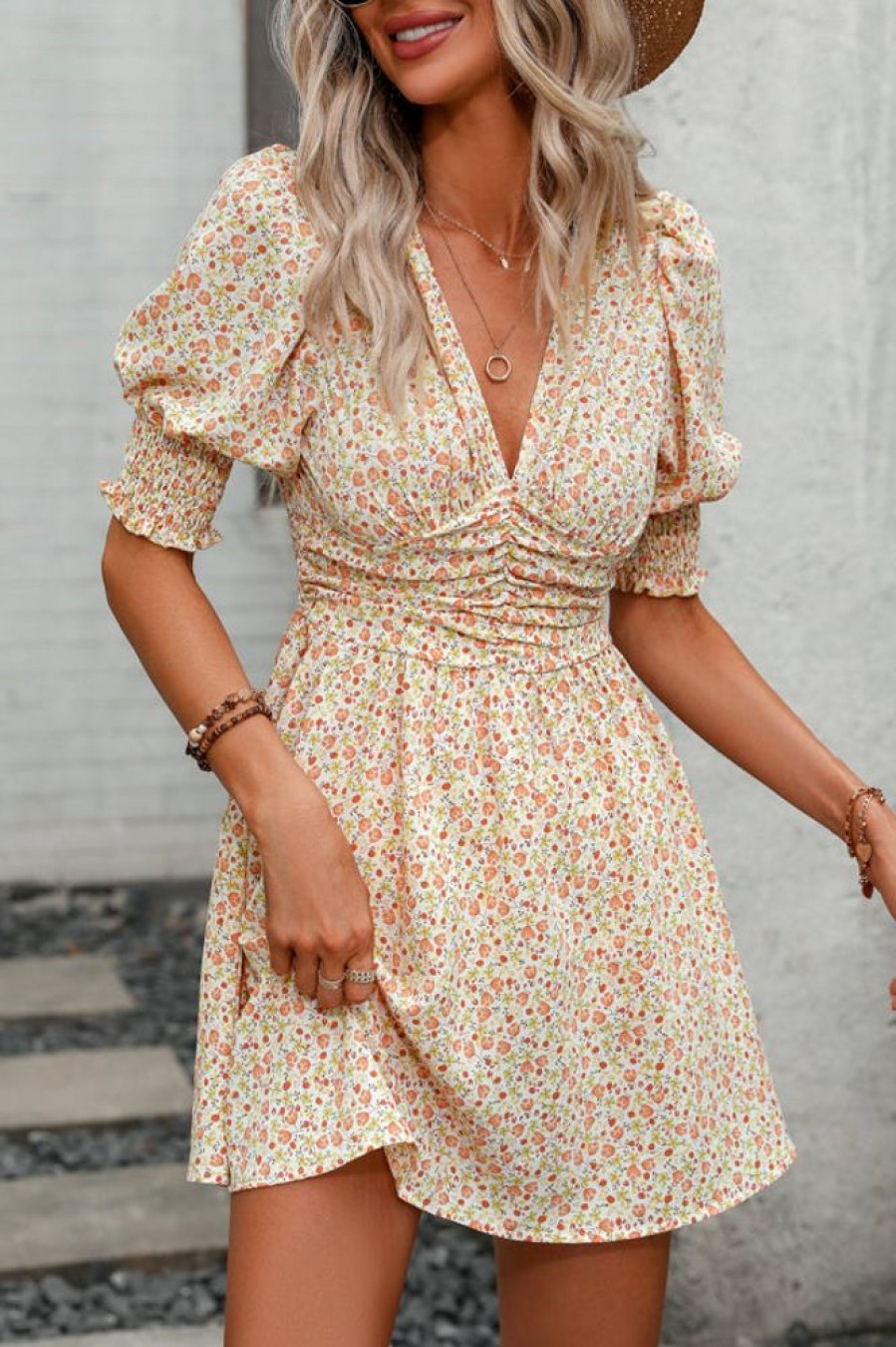 Women Beachsissi Printed Dress | Floral Print Deep V Neck Mini Dress White