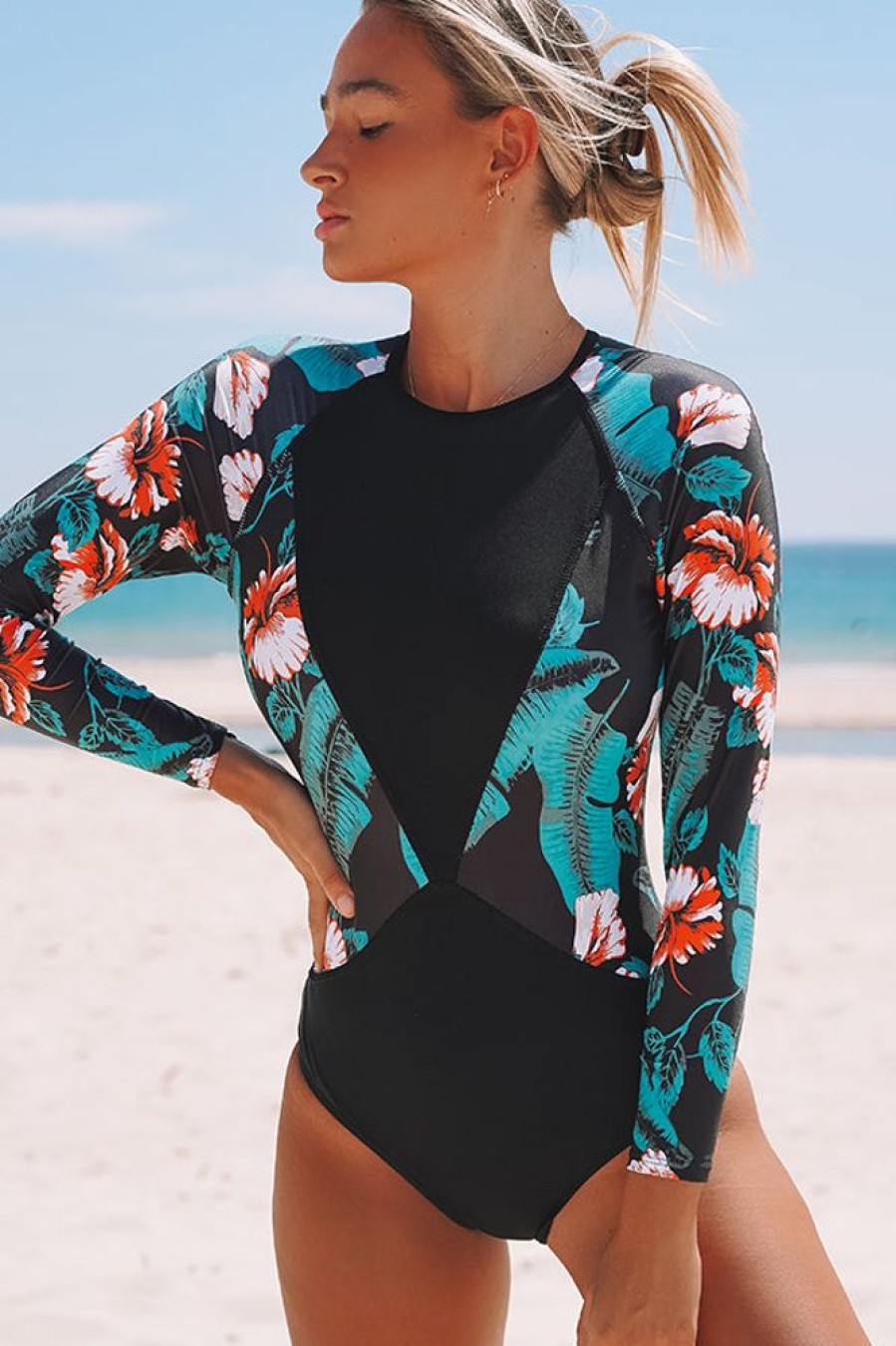 Women Beachsissi One Piece | Floral Print Patchwork Sun Shield One Piece Rashguard Black