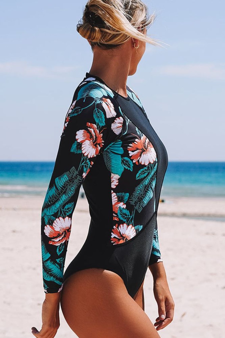 Women Beachsissi One Piece | Floral Print Patchwork Sun Shield One Piece Rashguard Black