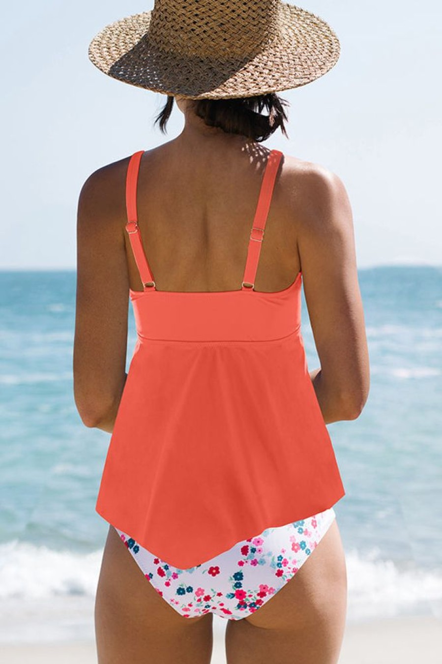 Women Beachsissi Tankini | Cross Front Floral Print Ruffled Cute Tankini Set Tomato