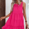 Women Beachsissi Solid Dress | Smocked Neck Solid Color Ruffle Hem Dress Deeppink