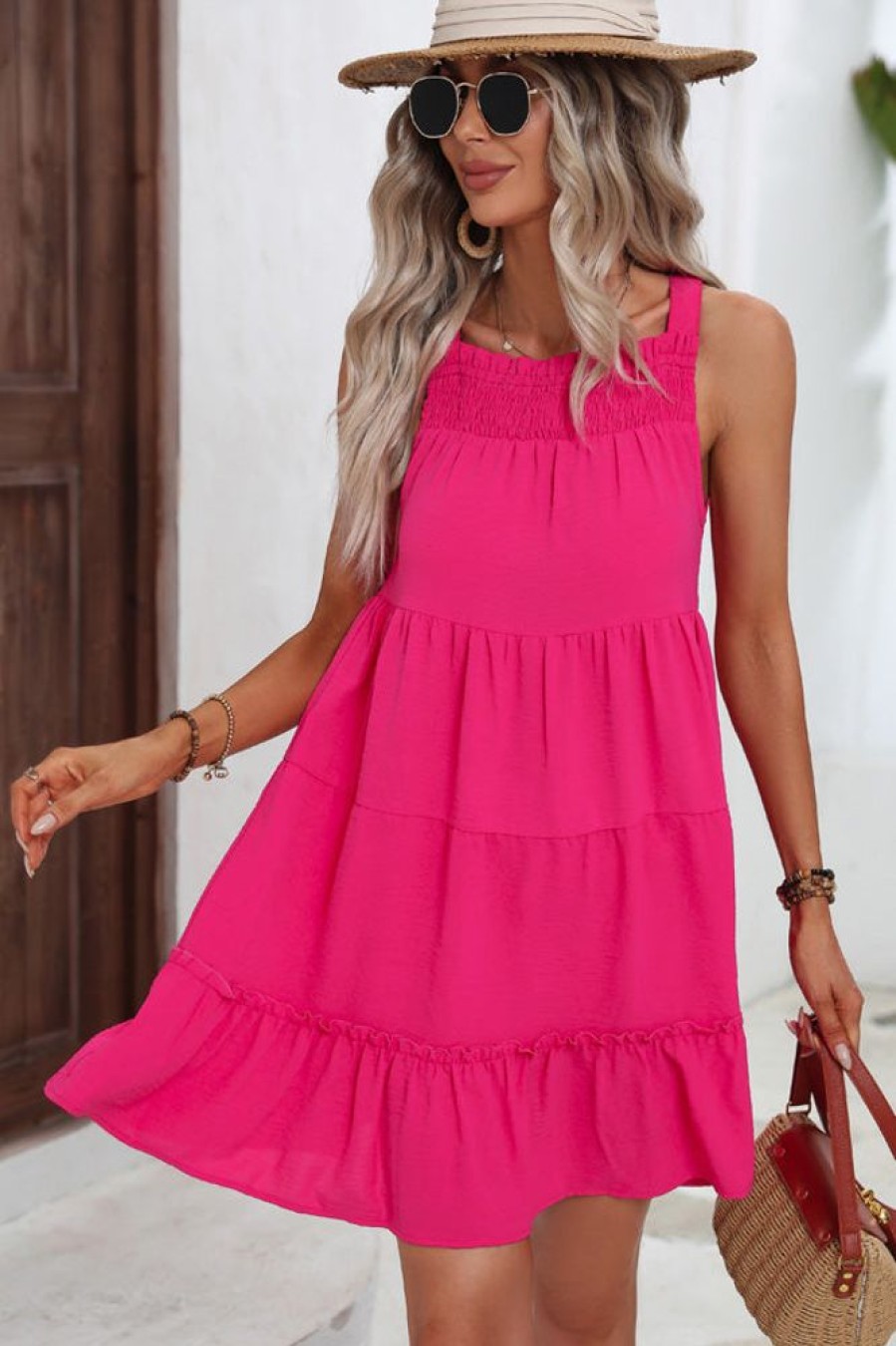 Women Beachsissi Solid Dress | Smocked Neck Solid Color Ruffle Hem Dress Deeppink