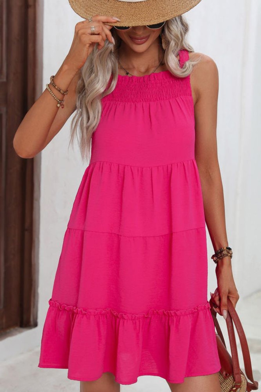 Women Beachsissi Solid Dress | Smocked Neck Solid Color Ruffle Hem Dress Deeppink