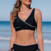 Women Beachsissi Bikini | White Trim Twist Front Tie Back Bikini Set Black