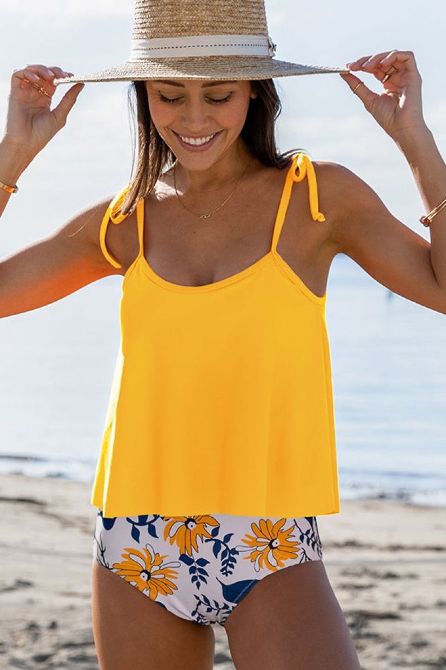 Women Beachsissi Tankini | Tie Shoulder Printed Cute Tankini Set Yellow