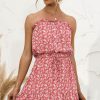 Women Beachsissi Printed Dress | Floral Print Strapless Tie Waist Mini Dress Red