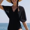 Women Beachsissi One Piece | Solid Color Mesh Patchwork One Piece Swimwear Black