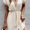 Women Beachsissi Casual Dress | Fashion Lace Patchwork Solid V Neck Casual Dress Beige