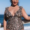 Women Beachsissi Tankini | Print Ruffle Shoulder Plus Size Tankini Set Leopard