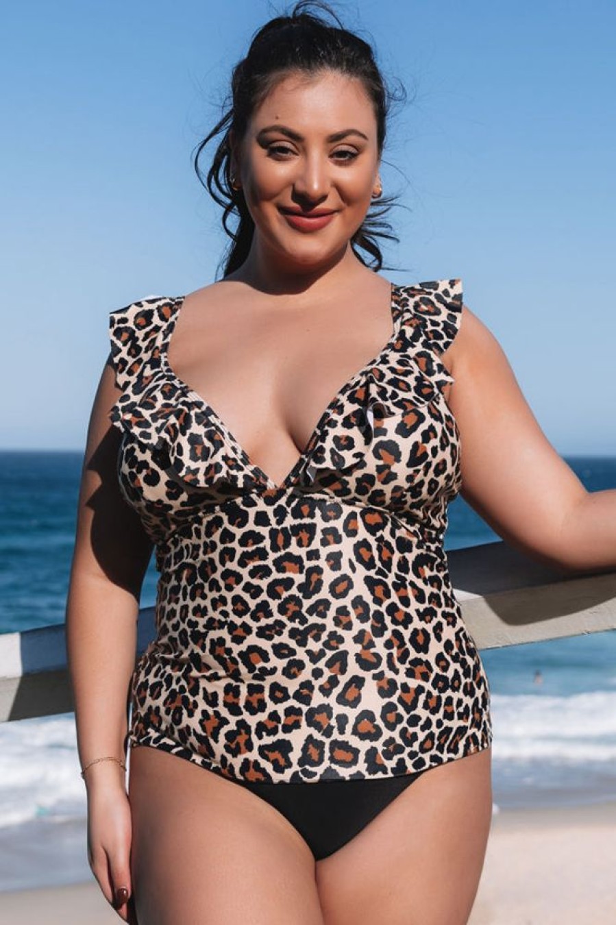 Women Beachsissi Tankini | Print Ruffle Shoulder Plus Size Tankini Set Leopard