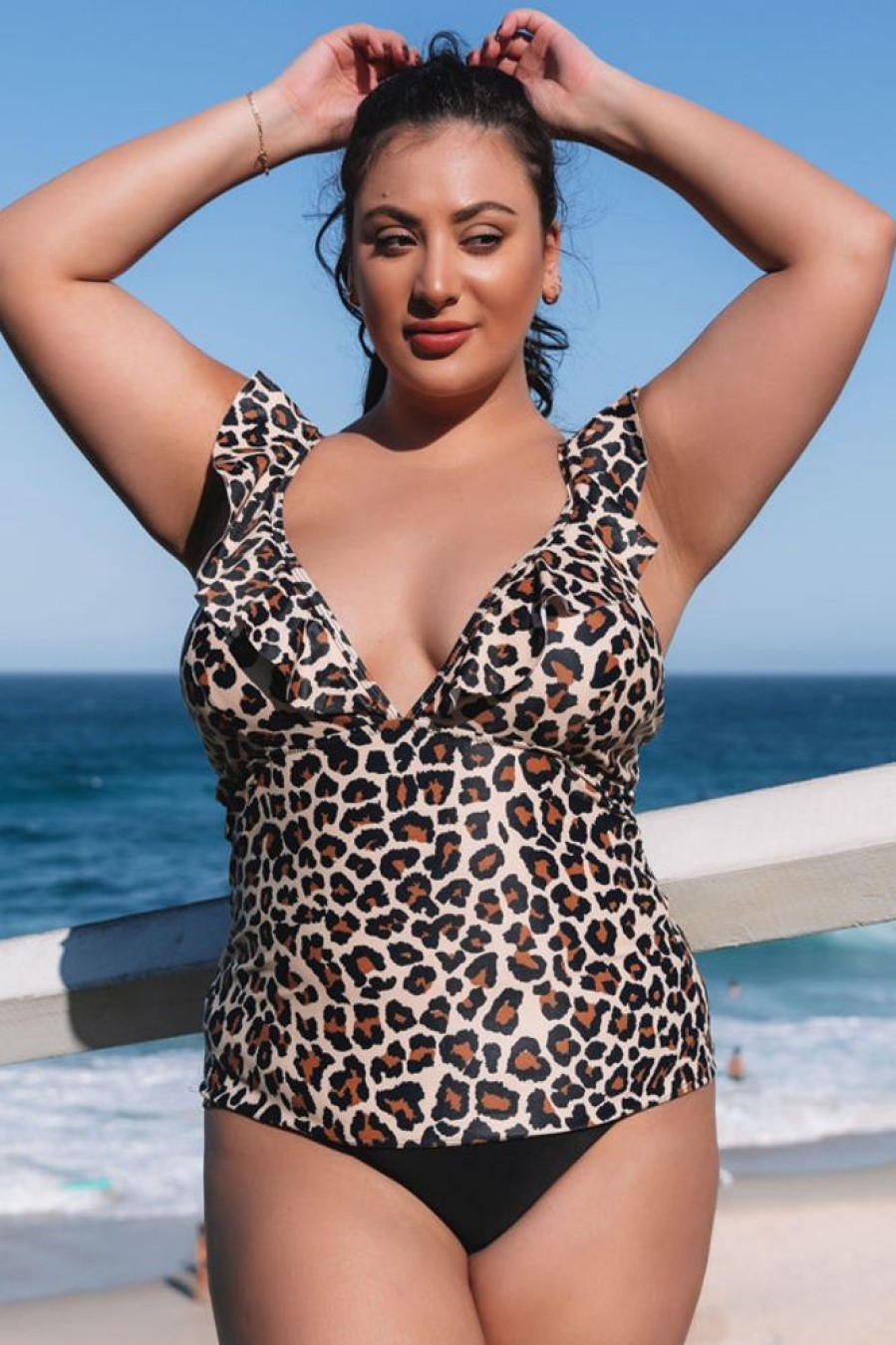 Women Beachsissi Tankini | Print Ruffle Shoulder Plus Size Tankini Set Leopard