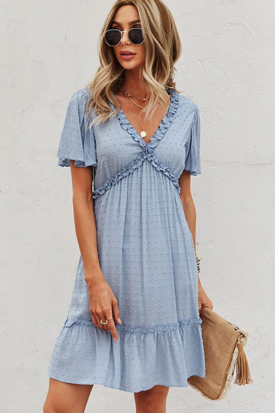 Women Beachsissi Casual Dress | Fashion Solid Color Frill V Neck Casual Dress Skyblue