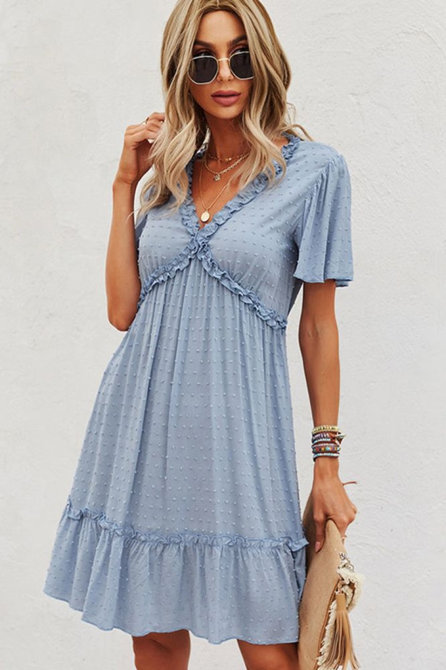 Women Beachsissi Casual Dress | Fashion Solid Color Frill V Neck Casual Dress Skyblue