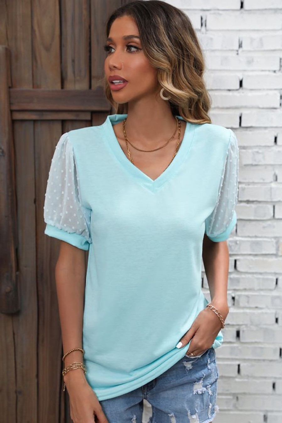 Women Beachsissi | Lace Short Sleeve Blouses Casual Tops Paleturquoise