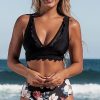 Women Beachsissi Bikini | Scolloped Mesh Patchwork Floral Print Bikini Set Black