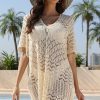 Women Beachsissi Cover Ups | Solid Color Hollow V Neck Swimwear Cover Up Antiquewhite