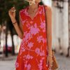 Women Beachsissi Printed Dress | V Neck Floral Print Sleeveless Mini Dress Red