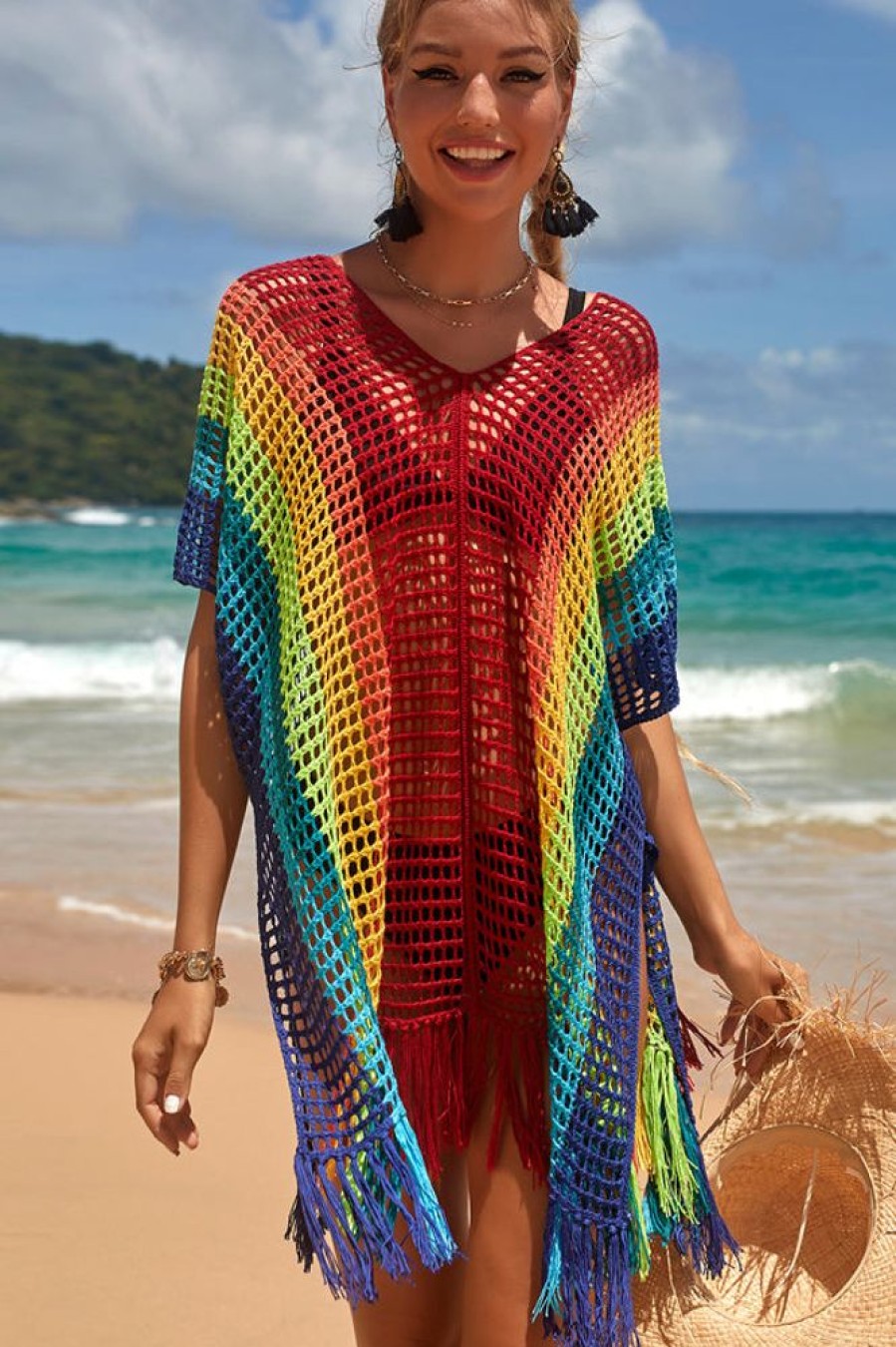 Women Beachsissi Cover Ups | Rainbow Colorful Knitting Swimwear Cover Up Red