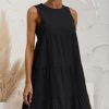 Women Beachsissi Solid Dress | Round Neck Solid Ruched Sleeveless Mini Dress Black