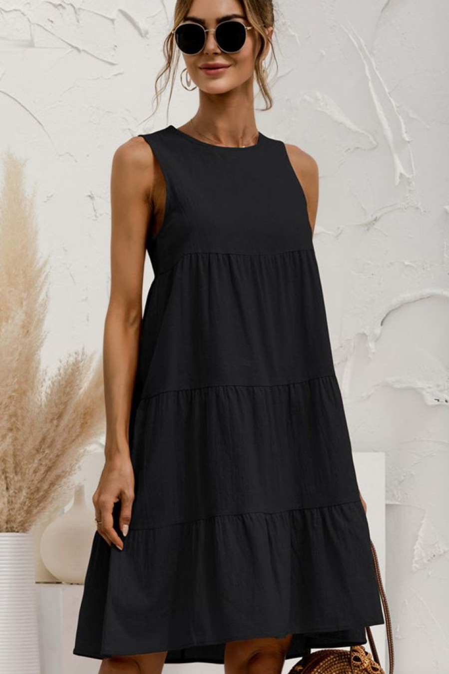 Women Beachsissi Solid Dress | Round Neck Solid Ruched Sleeveless Mini Dress Black