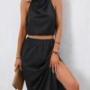 Women Beachsissi Solid Dress | Halter Neck Cutout Front Solid Color Dress Black