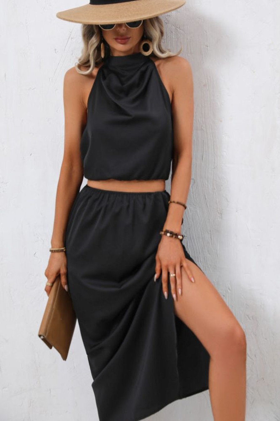 Women Beachsissi Solid Dress | Halter Neck Cutout Front Solid Color Dress Black