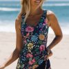 Women Beachsissi Tankini | Floral Print Drawstring Tummy Control Tankini Set Navy