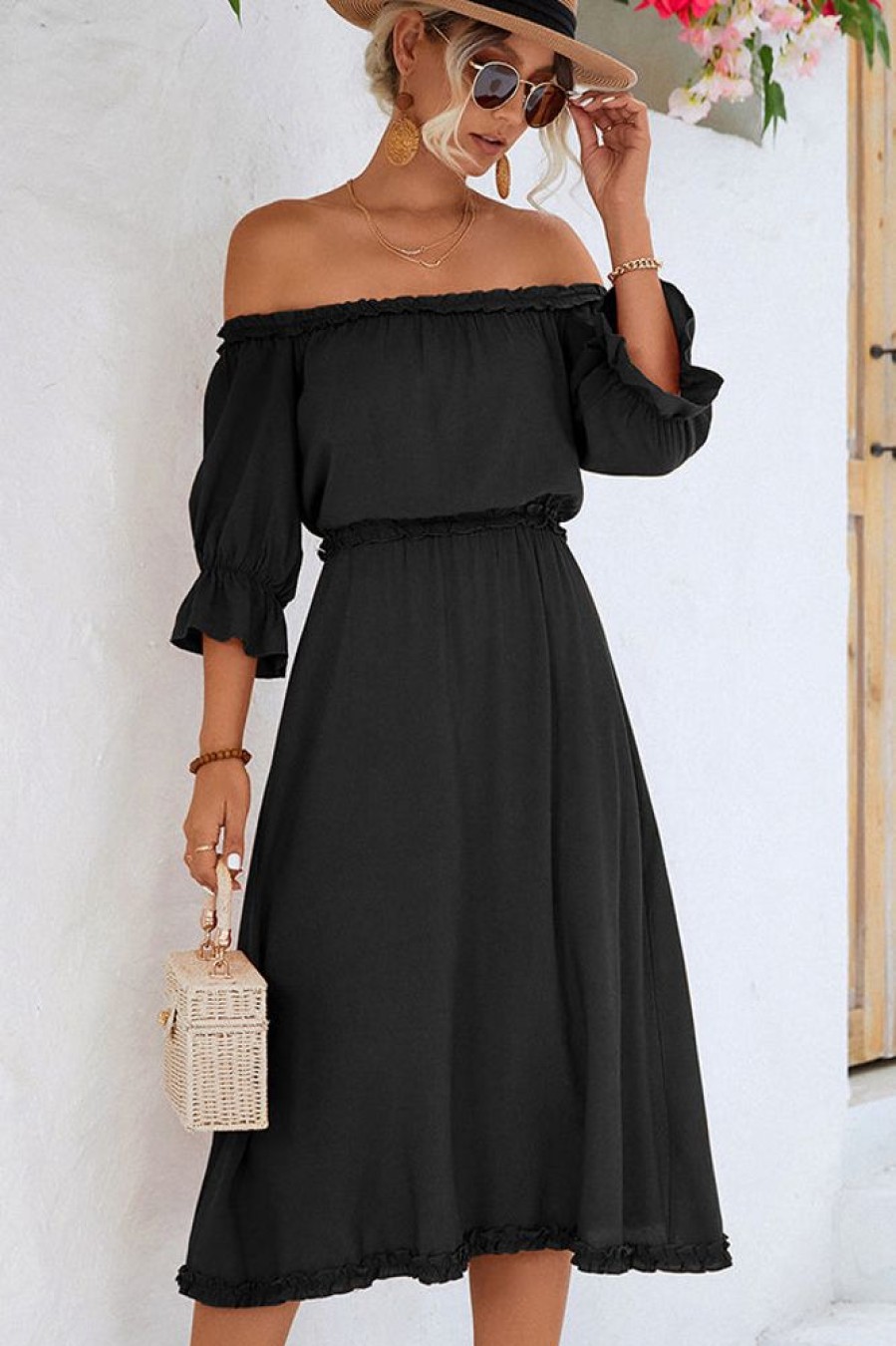 Women Beachsissi Solid Dress | Solid Color Off The Shoulder Frill Casual Dress Black