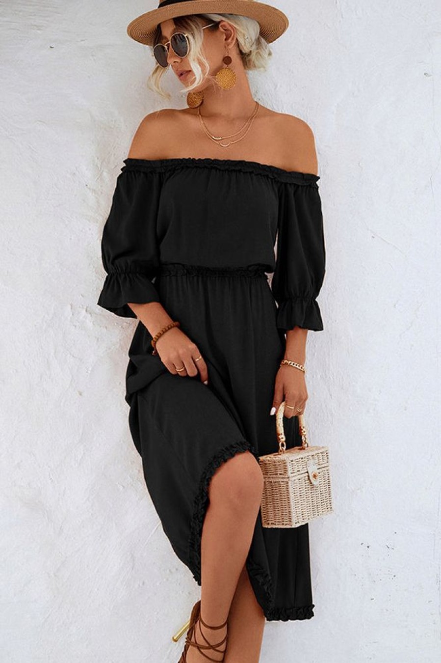 Women Beachsissi Solid Dress | Solid Color Off The Shoulder Frill Casual Dress Black