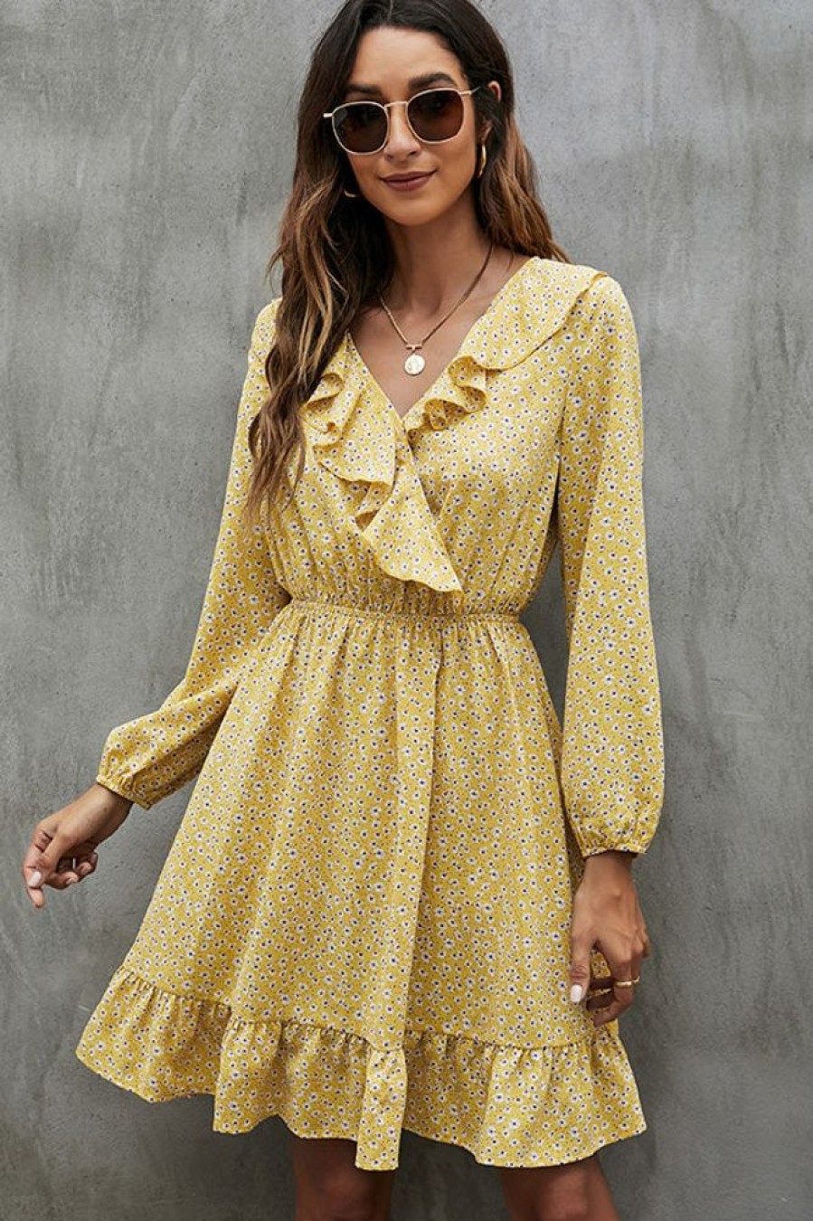 Women Beachsissi Printed Dress | V Neck Floral Print Ruffled Mini Dress Yellow