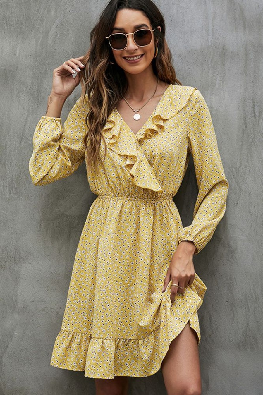 Women Beachsissi Printed Dress | V Neck Floral Print Ruffled Mini Dress Yellow