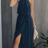 Women Beachsissi Solid Dress | Halter Neck Tie Waist Solid Casual Dress Navy