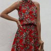 Women Beachsissi Printed Dress | Halter Neck Flower Print Mini Dress Red