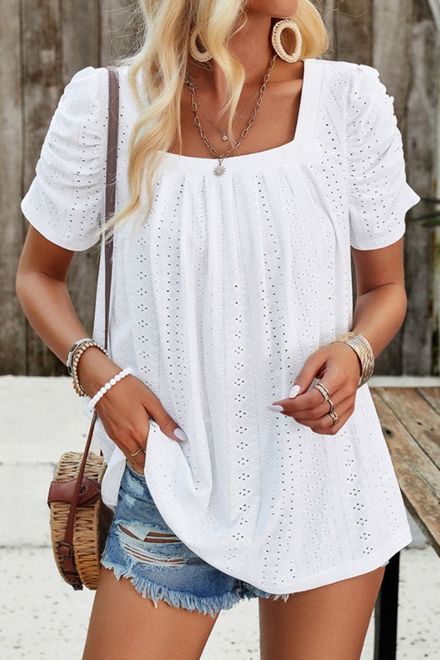 Women Beachsissi | Solid Color Square Neck Casual Tops White